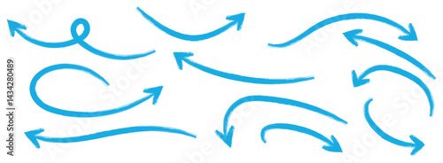 Blue hand-drawn vector arrow set. Arrow crayon brush doodle chalk line stroke. Sketch pencil texture line scribble arrow icon on a white background
