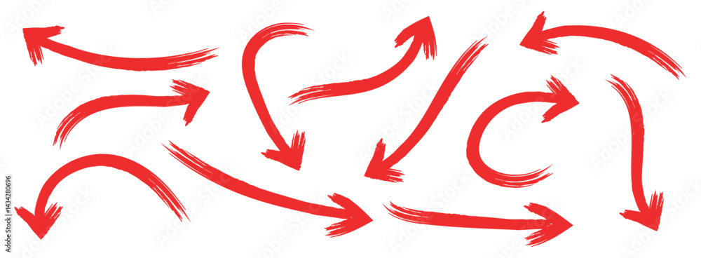 Red hand-drawn arrow marker. Red Hand-drawn brush stroke arrows. Red charcoal ovals and arrows strokes different forms. Hand drawn vector arrows doodle set on white background. Red long arrow set. Red hand-drawn arrow marker. Red Hand-drawn brush stroke arrows. Red charcoal ovals and arrows strokes different forms. Hand drawn vector arrows doodle set on white background. Red long arrow set.