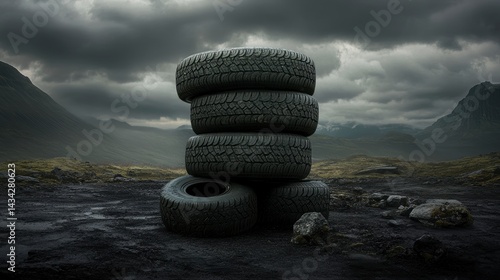 Fototapeta Naklejka Na Ścianę i Meble -  Stack of used tires in a desolate landscape under a dramatic sky.