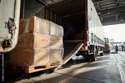 A large pallet of tightly wrapped cardboard boxes being loaded into a delivery truck using a metal ramp, inside a spacious industrial warehouse with high ceilings and visible support beams.