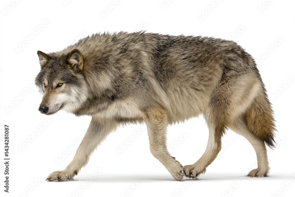 Fototapeta premium A majestic gray wolf walking gracefully on a white background, showcasing its natural beauty and strength
