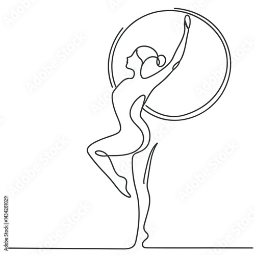 Female gymnast with hoop performing graceful pose on white background  