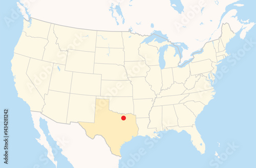 Location Map of the city Plano in Texas, USA. The state is marked orange and the city is highlighted with a red dot. No labels at all.
