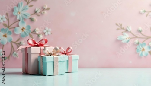 Pastel colored small gift boxes, subtle floral pattern, bows, design