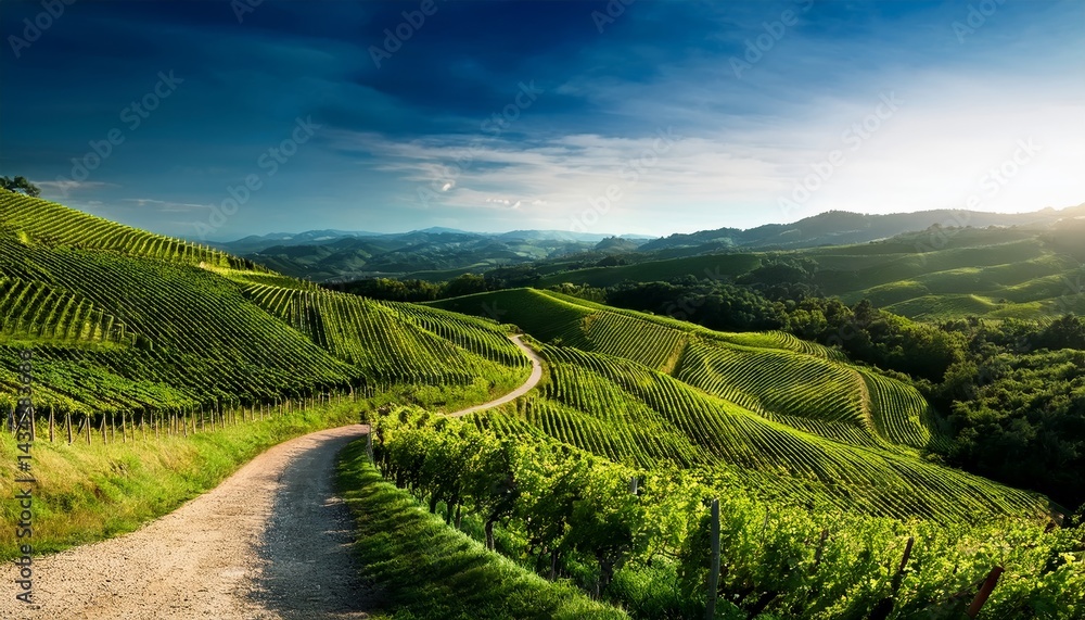 Obraz premium Winding Path Through Lush Green Vineyard Hills