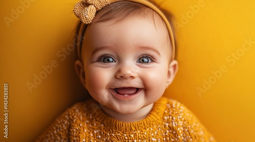 Happy baby girl smiles, yellow background, studio shot, infant portrait