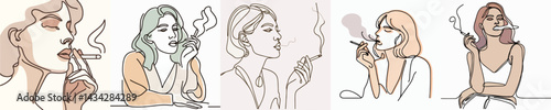 set vector continuous one line woman smoking