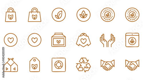 A set of simple, line-art icons depicting eco-friendly concepts like organic certification, reusable bags, recycling, and charitable giving