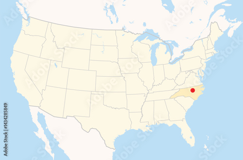 Location Map of the city Raleigh in North Carolina, USA. The state is marked orange and the city is highlighted with a red dot. No labels at all.