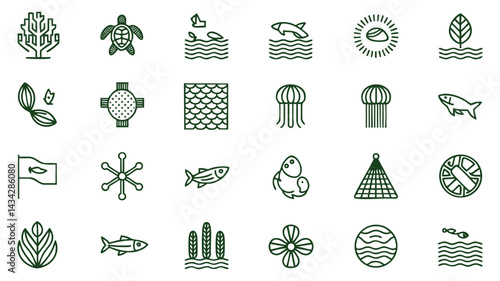 A collection of simple, line-style icons depicting various marine life forms and elements