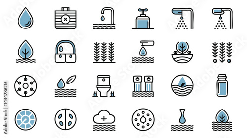 A set of simple, line-art Water Cycle and Sustainability Icons