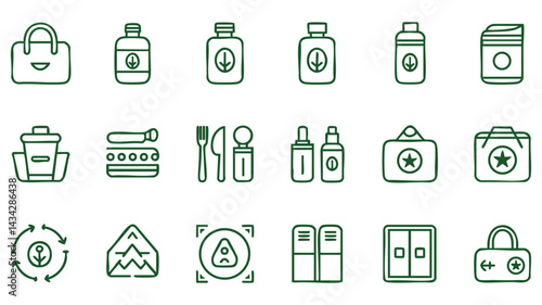 A collection of simple, outline icons in a dark green color, depicting various essential items and concepts related to a sustainable and practical lifestyle