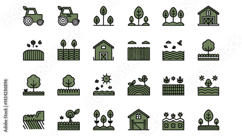 a collection of farm and garden elements, presented in a simple, flatline style Icons