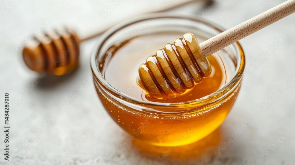 A bowl of honey with a wooden spoon in it A bowl of honey with a wooden spoon in it