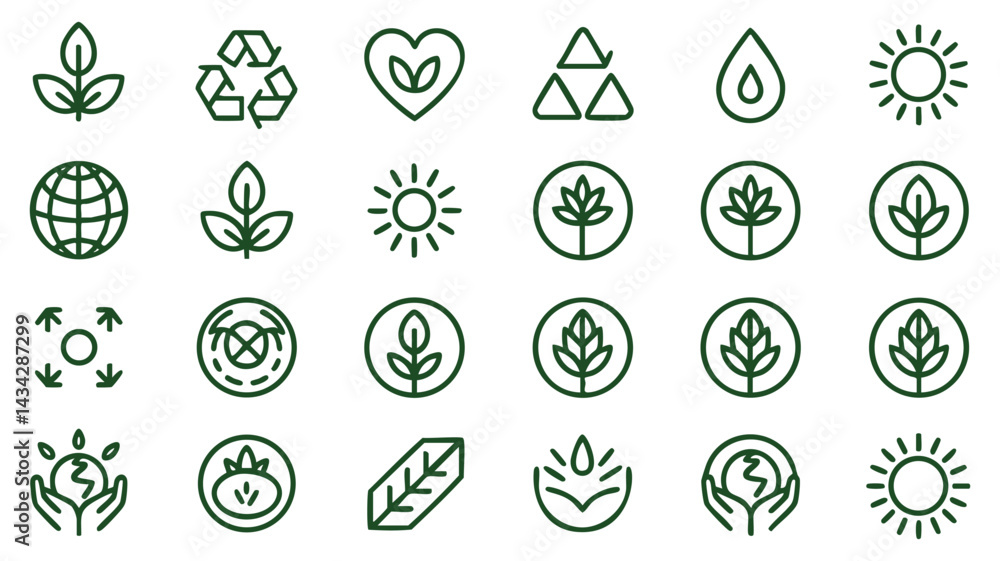A set of simple, clean line icons representing eco-friendly concepts A set of simple, clean line icons representing eco-friendly concepts