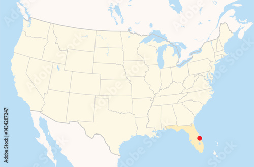 Location Map of the city Palm Bay in Florida, USA. The state is marked orange and the city is highlighted with a red dot. No labels at all.