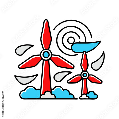 Wind turbines and satellite dish representing renewable energy and communication. 