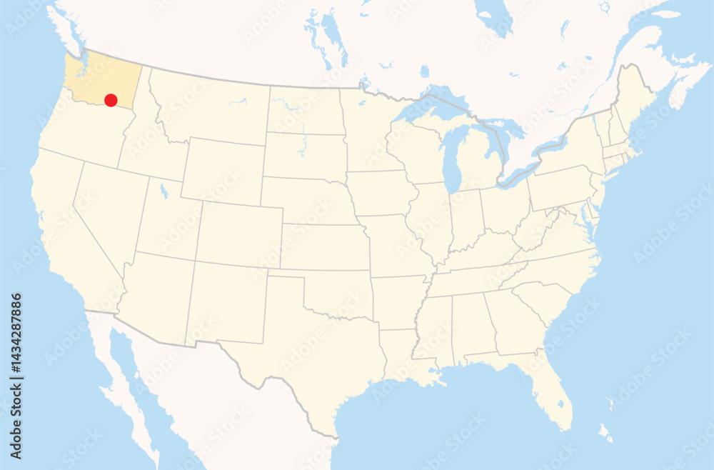 Fototapeta premium Location Map of the city Pasco in Washington, USA. The state is marked orange and the city is highlighted with a red dot. No labels at all.