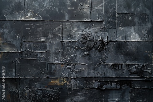 Textured black paint strokes create a wall of abstract darkness and depth