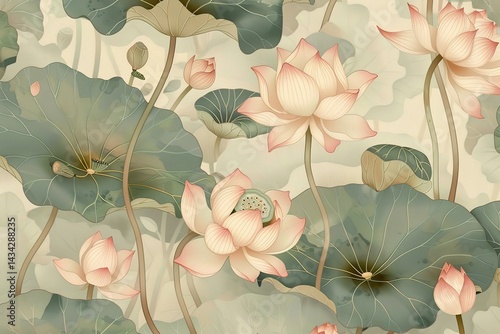 Elegant water lily illustration with graceful petals and soothing color palette
