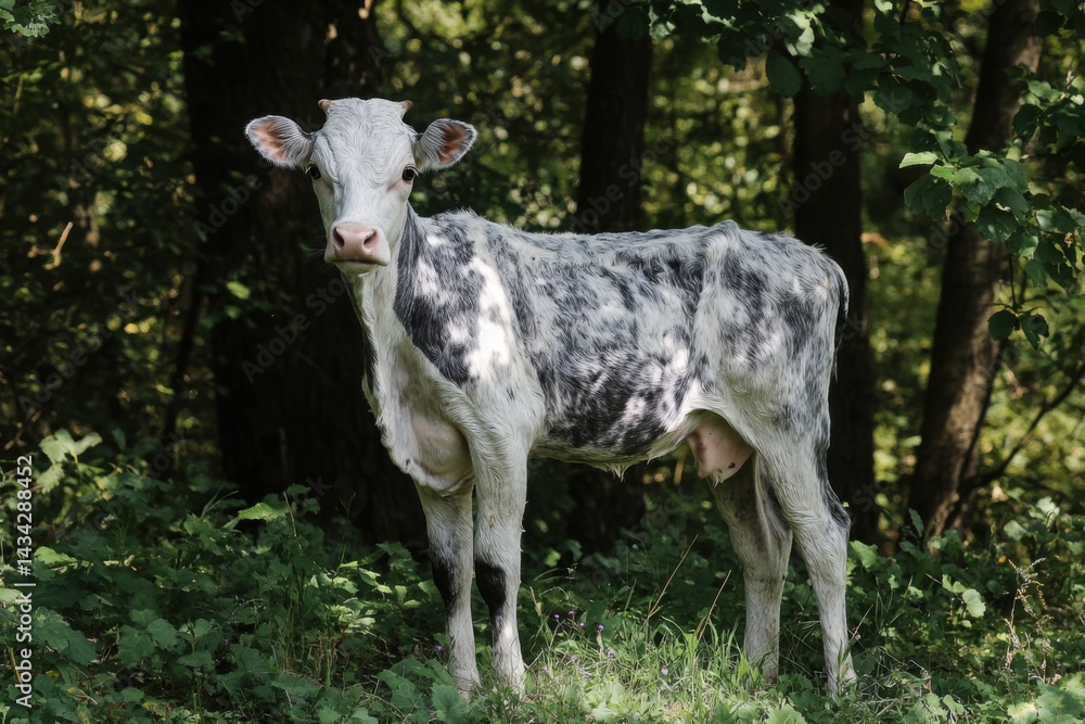 Fototapeta premium A young, white and black spotted cow stands in a grassy clearing with a forest behind it
