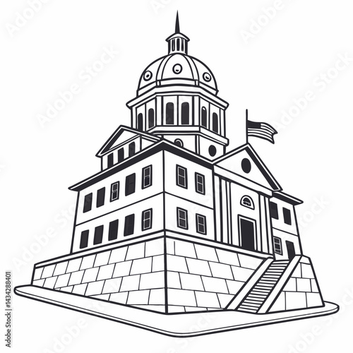Stylized Black And White Government Building With Flag Isolated On White