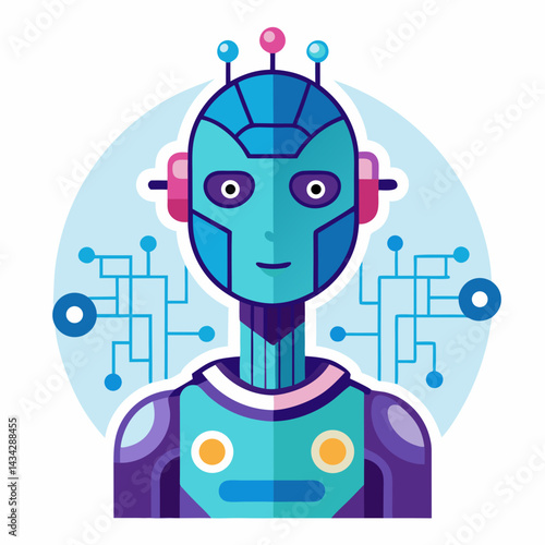 Modern Flat Design Vector Illustration Of A Smiling Humanoid Robot
