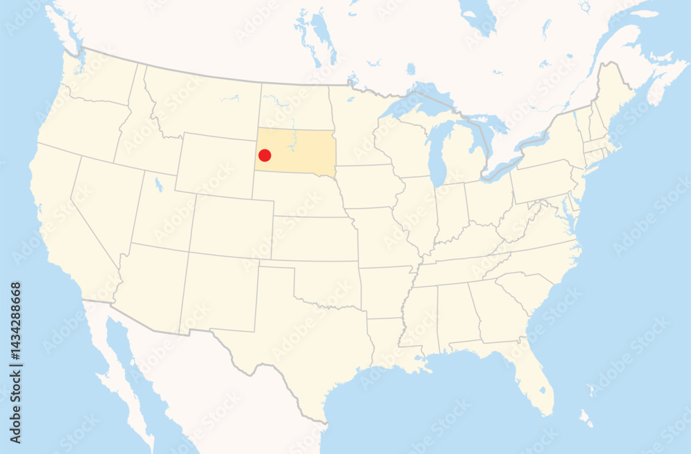 Obraz premium Location Map of the city Rapid City in South Dakota, USA. The state is marked orange and the city is highlighted with a red dot. No labels at all.