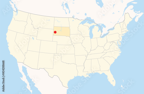 Location Map of the city Rapid City in South Dakota, USA. The state is marked orange and the city is highlighted with a red dot. No labels at all.