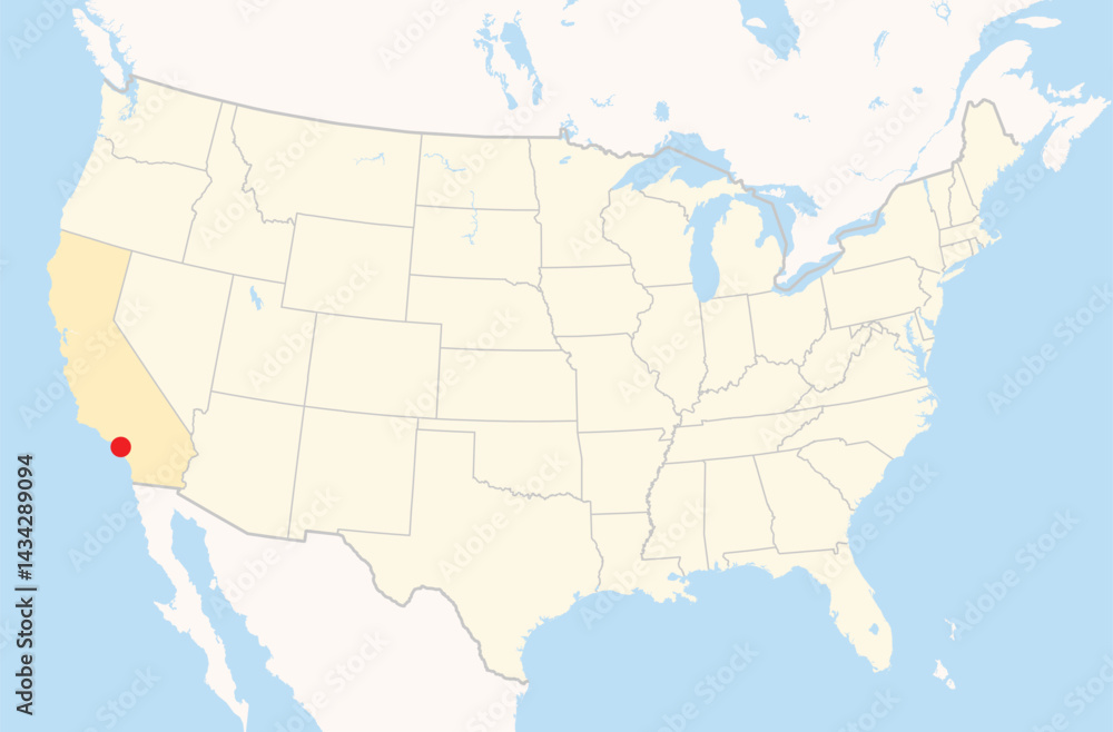 Obraz premium Location Map of the city Norwalk in California, USA. The state is marked orange and the city is highlighted with a red dot. No labels at all.