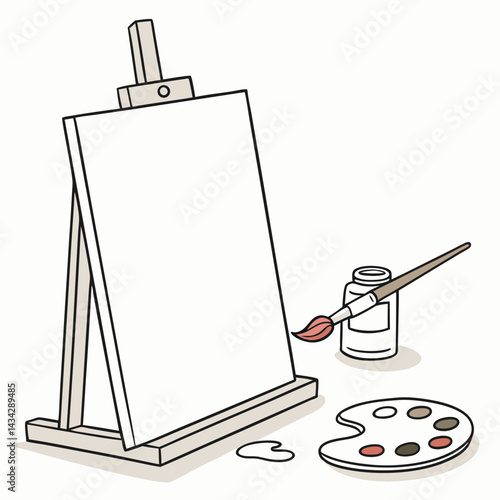 Blank Canvas On Easel With Palette,Brush,And Paint Illustration