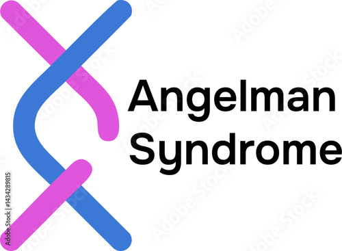 Logo design representing Angelman Syndrome, featuring a stylized DNA strand in blue and pink with modern sans-serif typography. 