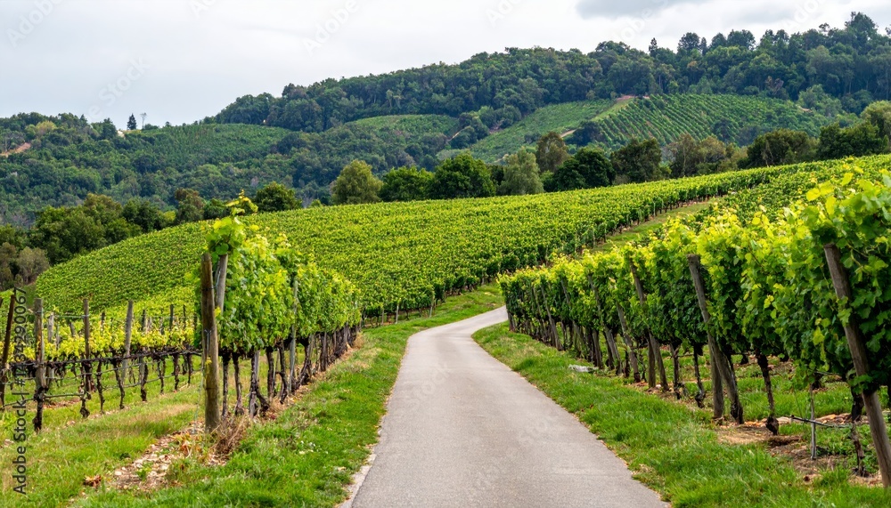 Fototapeta premium Winding Path Through Lush Green Vineyard Hills