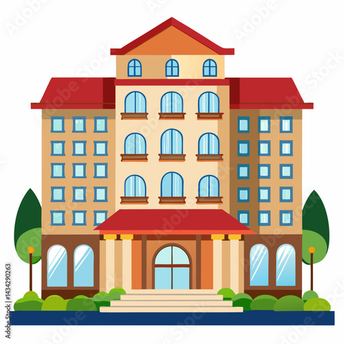 Vector Illustration Of Multistory Hotel Building Facade With Windows And Entrance