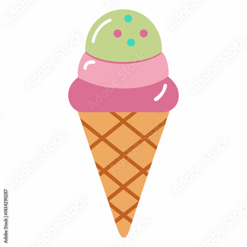 Colorful Cartoon Ice Cream Cone With Pink And Green Flavors Vector