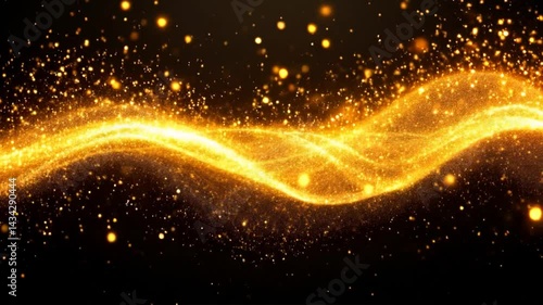 Dive into a captivating world of shimmering gold particles dancing in a graceful wave. This stunning visual is perfect for adding a touch of elegance and magic to your projects.