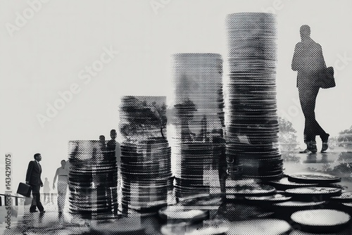 Silhouetted figures walk past stacks of coins, symbolizing financial growth and ambition. A powerful monochrome image.