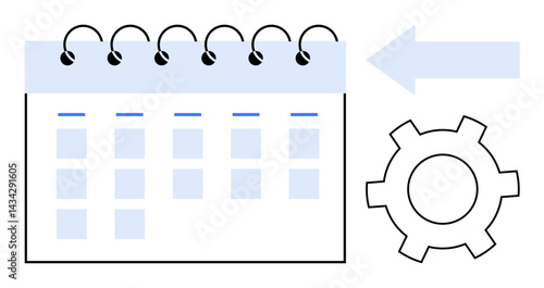 Calendar with days represented as squares, gear symbolizing customization, arrow implying progress or workflow. Ideal for scheduling, planning, automation, optimization, productivity, workflow
