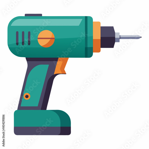 Vector Illustration Of Teal Cordless Drill With Orange Accents