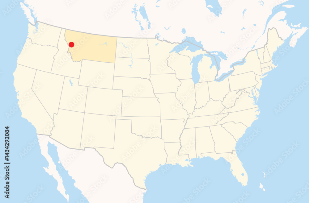 Fototapeta premium Location Map of the city Missoula in Montana, USA. The state is marked orange and the city is highlighted with a red dot. No labels at all.