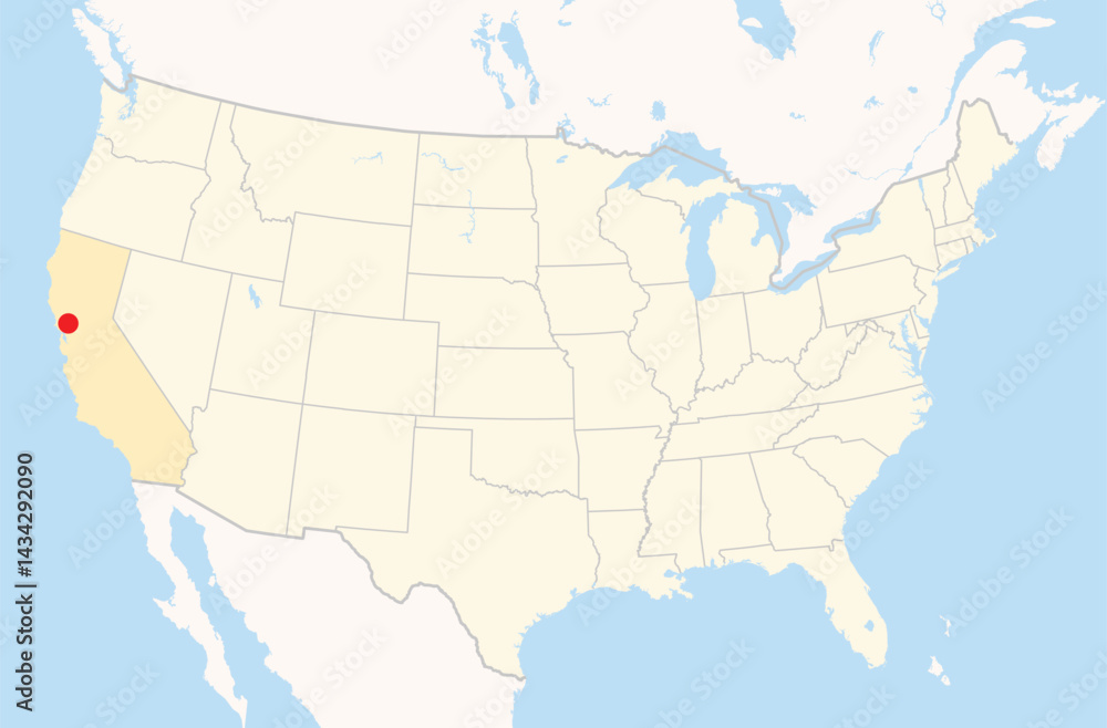 Fototapeta premium Location Map of the city Napa in California, USA. The state is marked orange and the city is highlighted with a red dot. No labels at all.