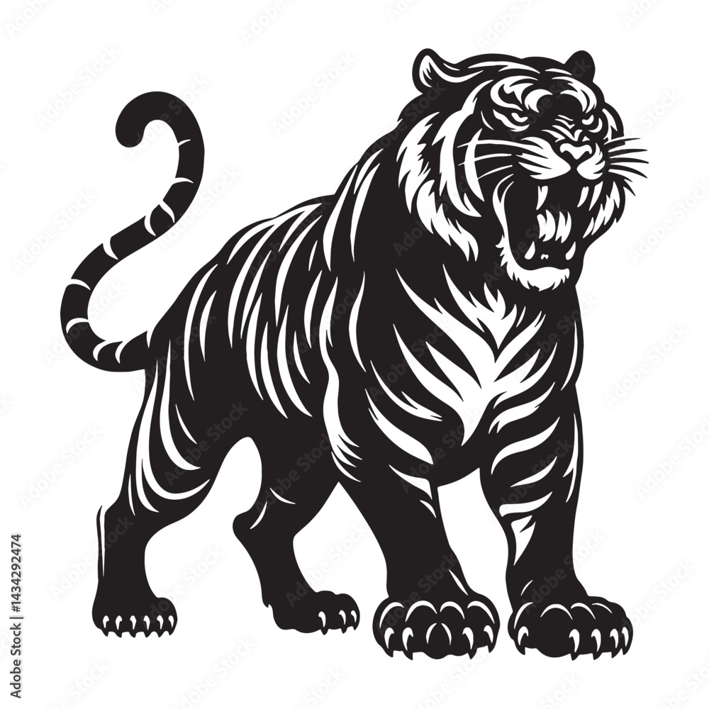 Obraz premium Majestic angry tiger silhouette for modern logo creation, websites, and branding projects – angry tiger silhouette – angry tiger vector – angry tiger illustration – silhouette of angry tiger