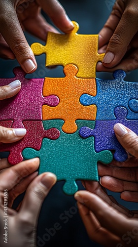 Diverse hands joining puzzle pieces; teamwork concept