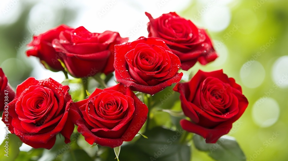 Bouquet of vibrant red roses with water droplets, blurred green background Bouquet of vibrant red roses with water droplets, blurred green background