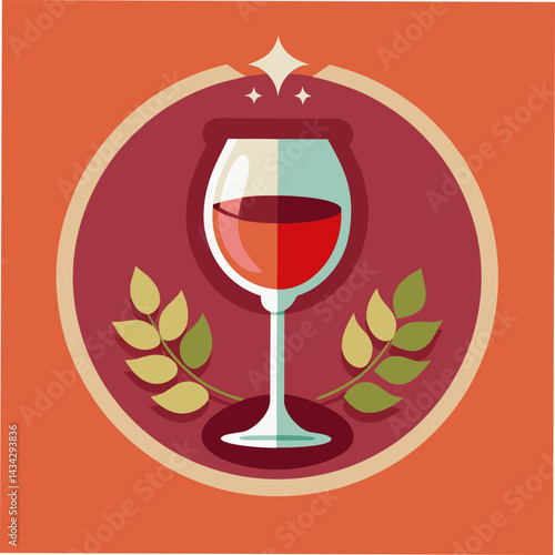 Elegant Wine Glass Icon With Olive Branch In Flat Design Style