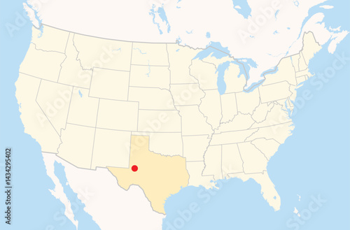 Location Map of the city Midland in Texas, USA. The state is marked orange and the city is highlighted with a red dot. No labels at all.
