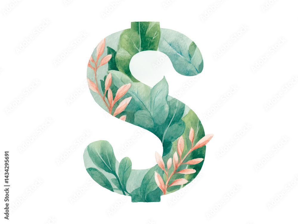 A green and pink dollar sign with leaves