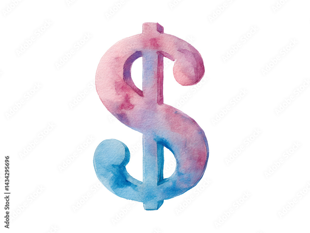 A watercolor painting of a dollar sign with pink and blue colors