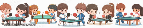 set vector little boy and girl playing table tennis