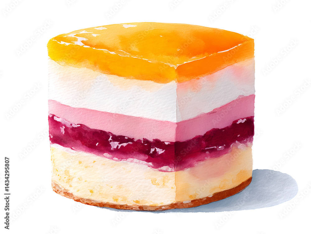 A slice of cake with a pink filling and a yellow frosting